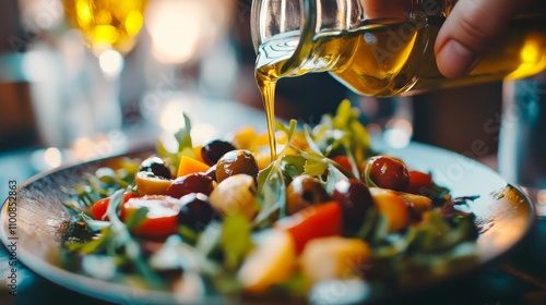 Fresh Salad with Olive Oil Pouring Over Greens photo