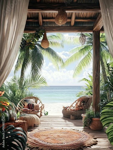 Tropical patio with beach view and wicker furniture. photo