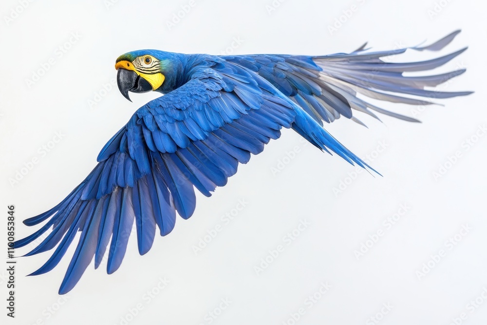 Obraz premium A vibrant blue Hyacinth Macaw in flight, wings spread wide. Perfect for illustrating freedom, travel, or exotic wildlife.