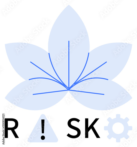 Blue flower with overlapping petals and lines, RISK text with exclamation triangle and gear. Ideal for business, startups, strategy, decision-making, finance, consulting and analysis. Line metaphor