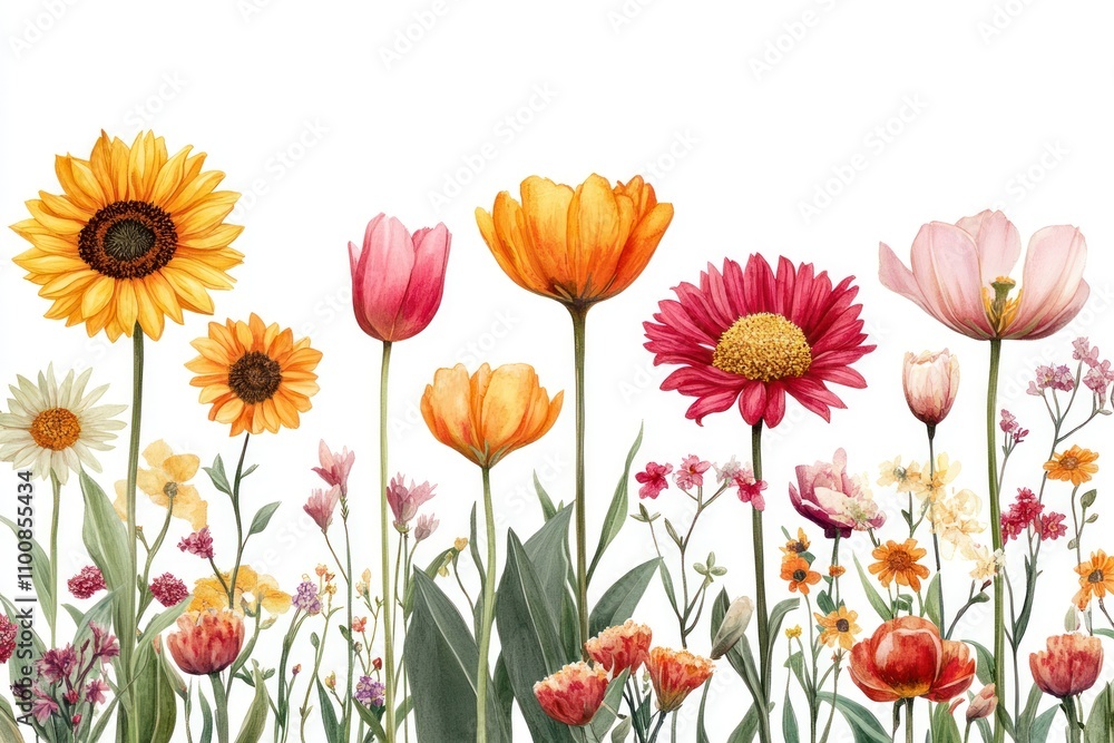 Fototapeta premium A watercolor illustration of a vibrant flower arrangement featuring sunflowers, tulips, daisies, and other assorted blossoms against a white background.