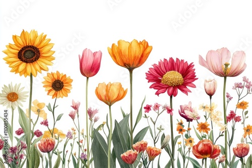 A watercolor illustration of a vibrant flower arrangement featuring sunflowers, tulips, daisies, and other assorted blossoms against a white background.