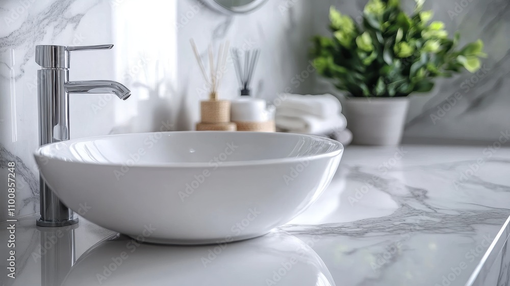 Modern chrome faucet and white basin in a marble bathroom. Ideal for showcasing bathroom design, clean aesthetics, and luxury products. Modern chrome faucet and white basin in a marble bathroom. Ideal for showcasing bathroom design, clean aesthetics, and luxury products.