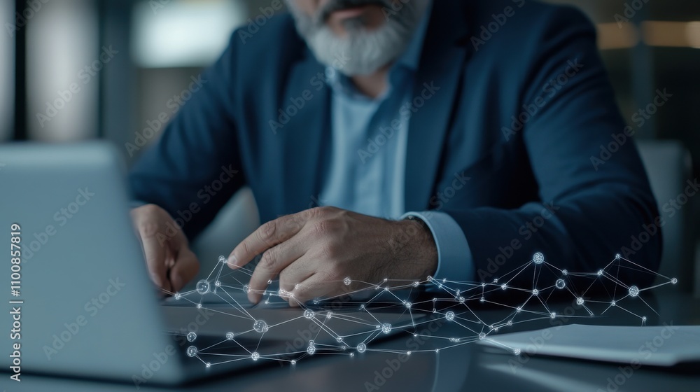 Fototapeta premium Businessman analyzing data with tech visualization on a laptop in a modern office setting
