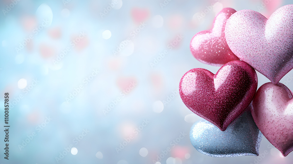 Fototapeta premium Colorful glitter hearts create romantic atmosphere for Valentine Day