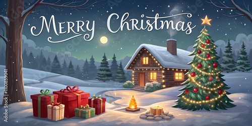  Merry Christmas greeting card: Cozy cabin in snowy woods with decorated Christmas tree, gifts, and warm bonfire under the starry night sky, festive winter scene