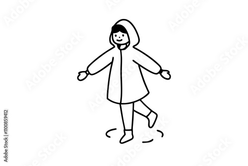 Girl Playing in Puddles Line Art.