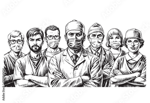group of doctor sketch engraving drawing hand drawn vector illustration