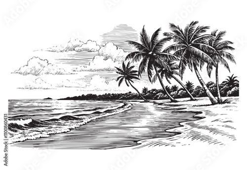 beach scene sketch engraving drawing hand drawn vector illustration