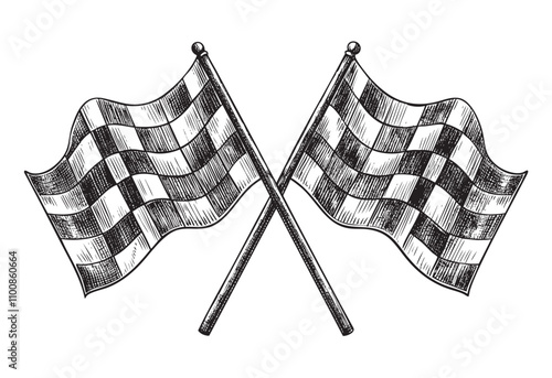 crossed racing flag sketch engraving drawing hand drawn vector illustration