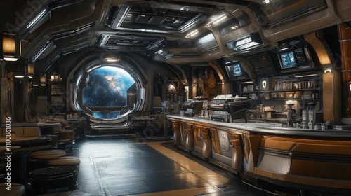 Fototapeta Naklejka Na Ścianę i Meble -  Nordic-style coffee shop located in a spaceship galley, offering breathtaking views of the galaxy. The space combines minimalist Scandinavian design, cozy seating, natural wood textures