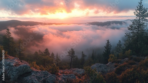 Wallpaper Mural A panoramic view of a misty mountain forest at sunrise, showcasing natural beauty and tranquility. Torontodigital.ca