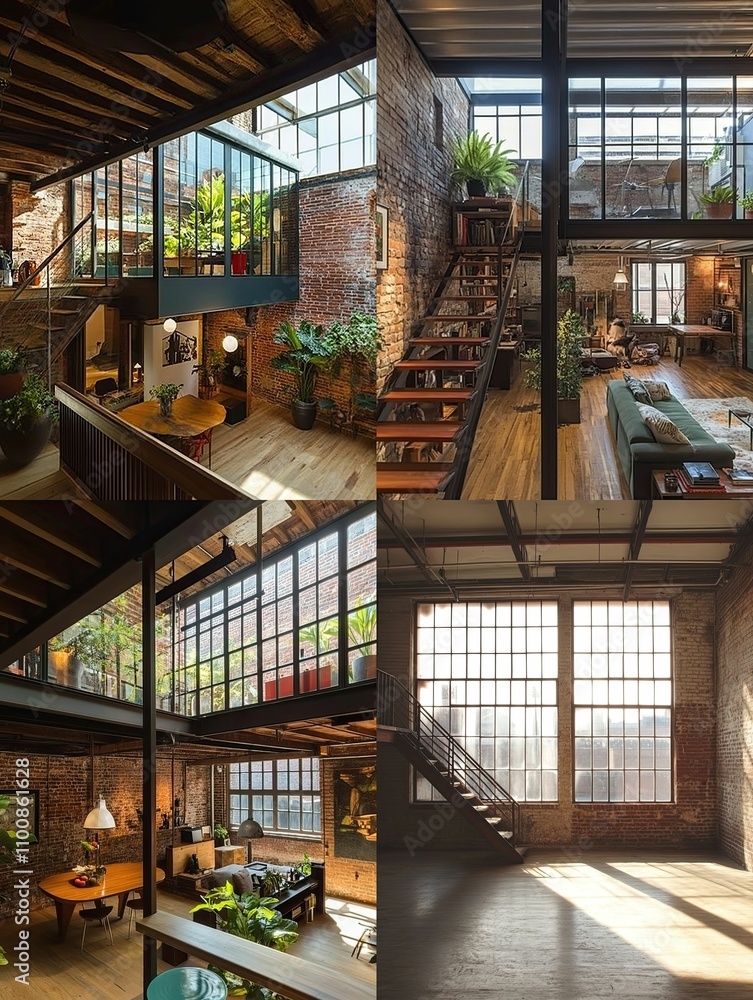 Fototapeta premium Spacious, modern loft with exposed brick walls and large windows.