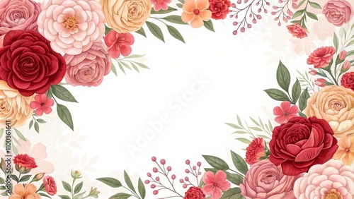 Elegant floral border with vibrant roses and peonies on white background
