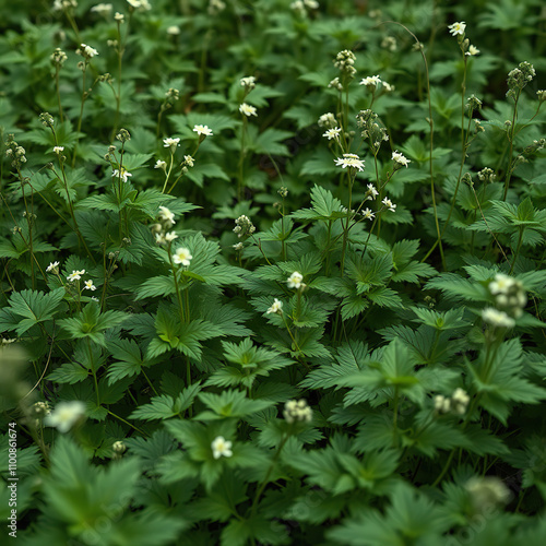 thickets of stinging nettle foliage amidst lush green vegetation with prominent stems and leaves, wildflowers, outdoors, vegetation, plants