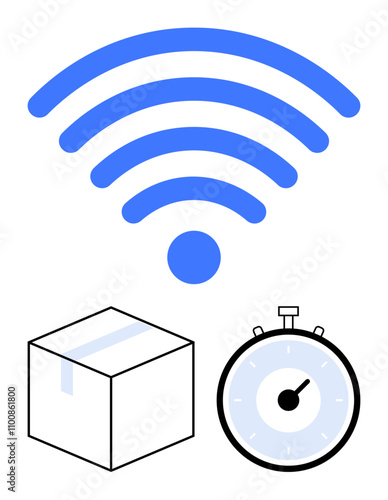 wireless signal icon above a package and a stopwatch. Ideal for communication, delivery, efficiency, time management, internet, logistics, technology. Line metaphor