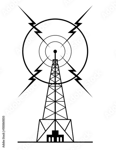 Retro style illustration of a radio mast and tower with antenna for telecommunications and broadcasting transmitting sending radio signal on isolated background done in black and white.
