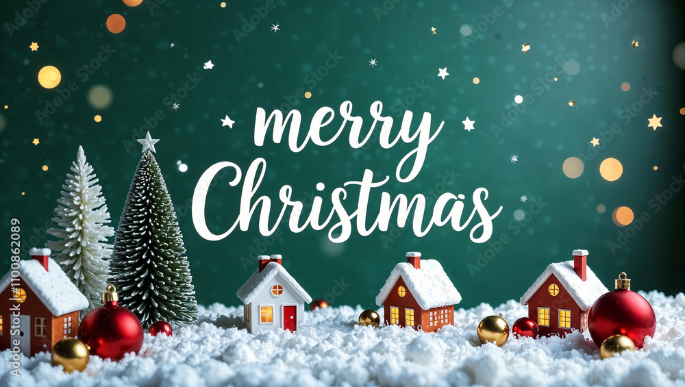 Christmas holiday background photography with white Handwriting thin Letters Merry Christmas over Christmas background with small snow Christmas tree, small houses, santa claus gifts and ball