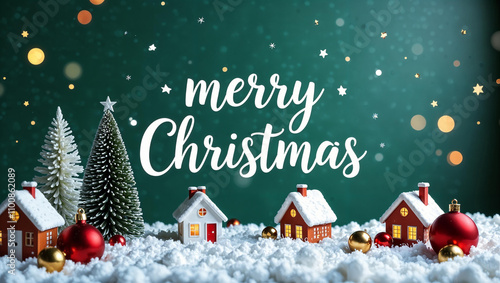 Obraz na płótnie Christmas holiday background photography with white Handwriting thin Letters Merry Christmas over Christmas background with small snow Christmas tree, small houses, santa claus gifts and ball w salonie