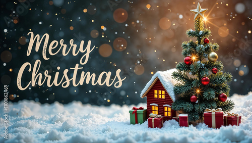 Christmas holiday background photography with white Handwriting thin Letters Merry Christmas over Christmas background with small snow Christmas tree, small houses, santa claus gifts and ball photo