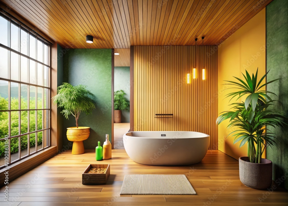 Fototapeta premium Minimalist Bathroom, Wooden Tub, Tatami Flooring, Serene, Tranquil