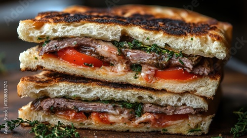 Grilled steak sandwich with melted cheese and tomato. Perfect for restaurant menus, food blogs, or advertising delicious meals.