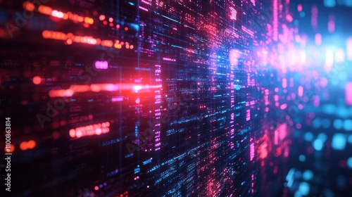 Wallpaper Mural Abstract digital background with binary code in red and blue hues, glowing and fading in a perspective view. Torontodigital.ca