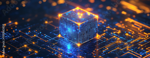 A cube with a blue and orange background