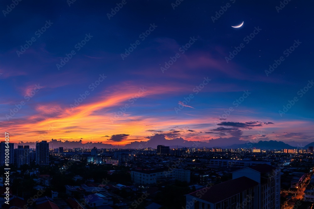 Naklejka premium Breathtaking Cityscape Sunset with Crescent Moon in the Night Sky Background