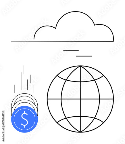 Cloud icon above, coins with dollar sign falling, and globe outline. Ideal for fintech, global economy, digital transactions, cloud computing, online banking international trade e-commerce. Line