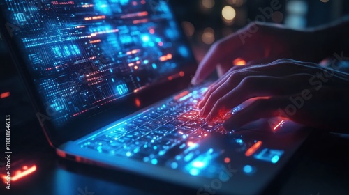 Wallpaper Mural Close-up of hands typing on a laptop with a glowing blue and red screen displaying data and code. Torontodigital.ca
