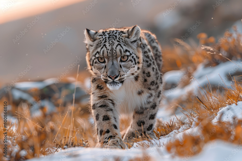Fototapeta premium snow leopard (irbis) walking through a snowy landscape in the mountains. 