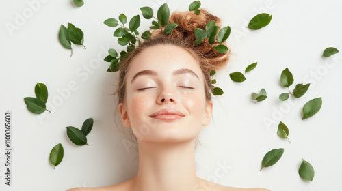 A woman with a leafy headdress is smiling