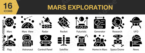  Mars Exploration solid icon set. Includes technology, mars, mission, galaxy, cosmos, and More. Solid icons vector collection.