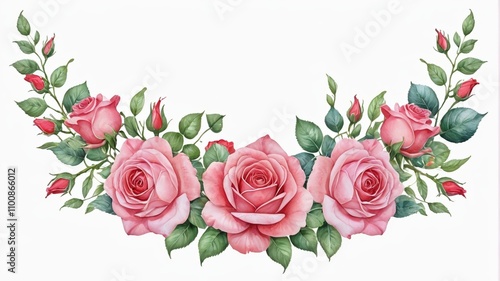 there are pink roses with green leaves on a white background