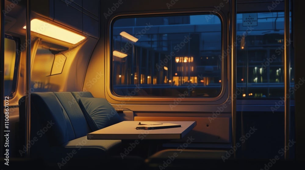 Obraz premium Serene nighttime train journey modern cabin interior photography urban environment cozy viewpoint tranquil concept