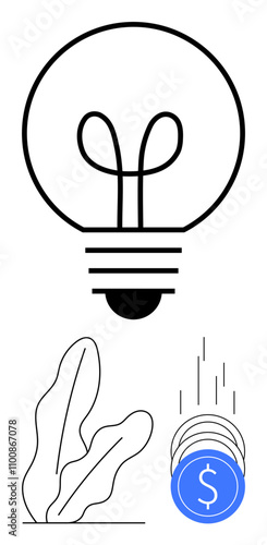 Lightbulb above plant and falling coins. Ideal for themes of innovation, financial growth, sustainability, startups, business ideas, investment, and eco-friendly solutions. Line metaphor