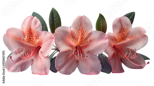 Three pink flowers with green leaves on a white background.