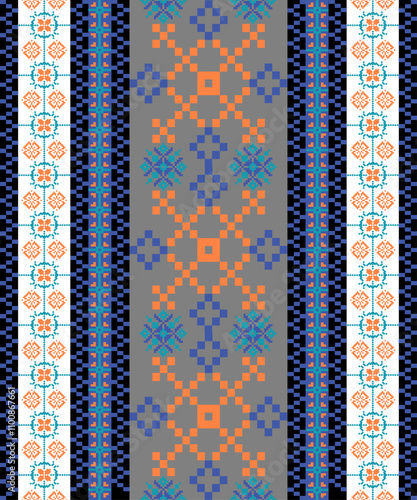 Art Abstract with Pixel Art Designs. Traditional Cross Stitch needlework. Geometric Ethnic Pattern, Embroidery, Textile Ornamental, Fabric, Hand Stitch Pattern, Cultural Stitching Pixel Art