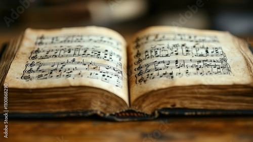 Antique Sheet Music Book Open on Wooden Surface