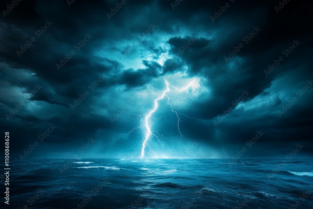 Dramatic Lightning Storm Over Stormy Ocean Waves Background Dramatic Lightning Storm Over Stormy Ocean Waves Background