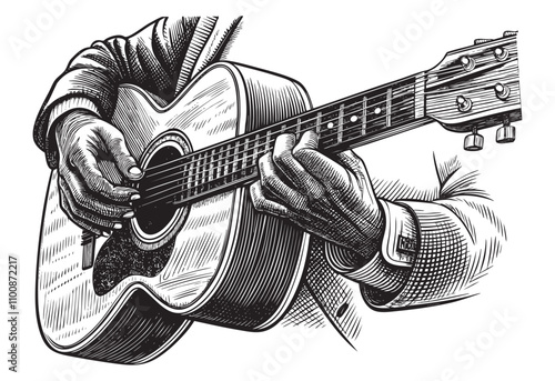 hand playing acoustic guitar, close up on musical instrument Relaxation Music sketch engraving drawing hand drawn vector illustration