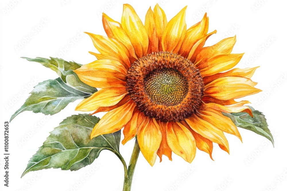 Naklejka premium A vibrant watercolor painting of a sunflower with green leaves against a white background.