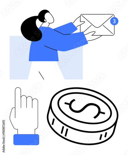 Person holding envelope with notification badge, hand pointing up, dollar coin. Ideal for communication, notifications, email services, financial apps, business concepts, online payments user