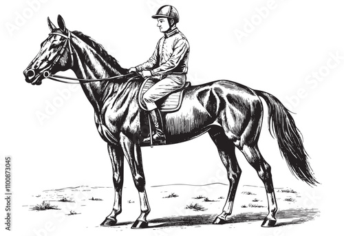 man riding horse sketch engraving drawing hand drawn vector illustration