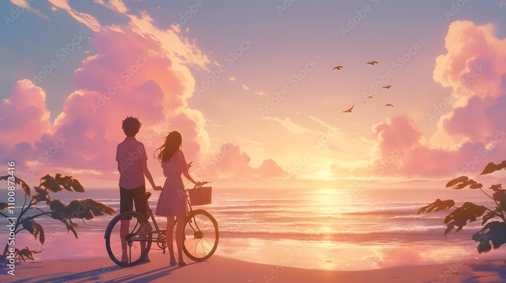 Fototapeta premium Couple watching sunset on beach with bicycle, dreamy ocean view setting