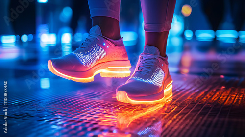 A woman modeling a pair of high-tech shoes with embedded sensors that adjust cushioning and fit in real-time, standing on a glowing runway,innovation and comfort photo