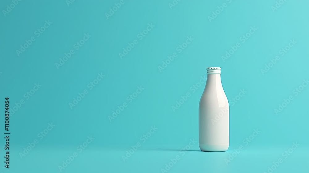 A single white milk bottle on a teal background. A single white milk bottle on a teal background.