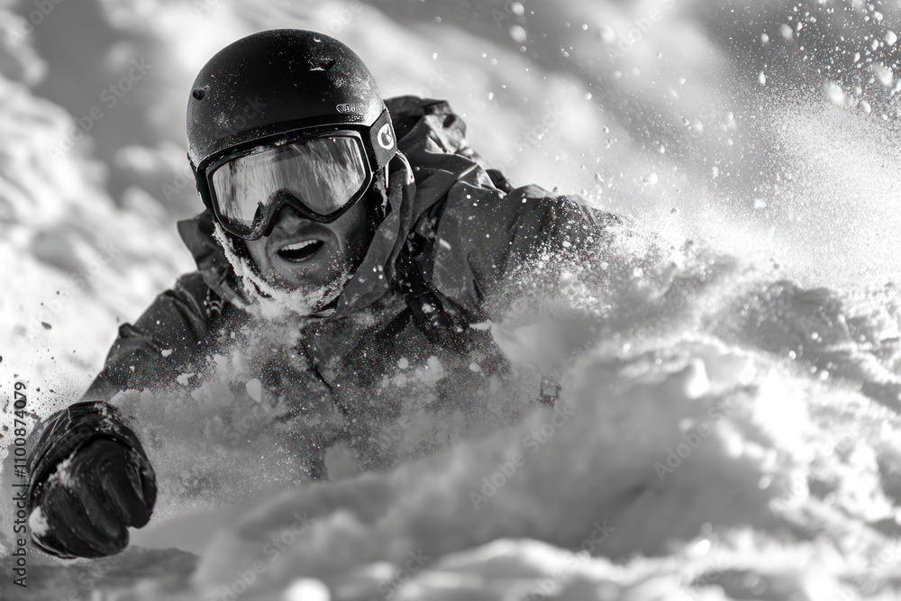 Obraz premium A skier in a black helmet and goggles is buried in powder snow while skiing down a mountain, with a look of excitement and exhilaration on his face.