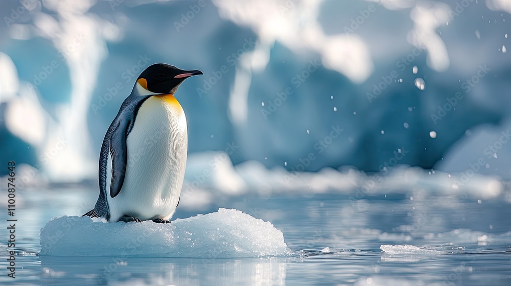 Fototapeta premium A polar landscape featuring a penguin on an ice floe in front of massive icebergs captures the stark beauty of Antarctica.